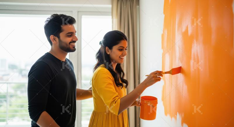 Happy Indian Couple Painting Home Wall Together