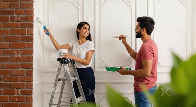 Happy Indian Couple Painting Home Wall Together