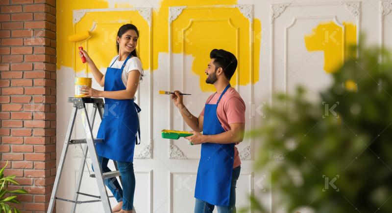 Happy Indian Couple Painting Their Home Wall Yellow