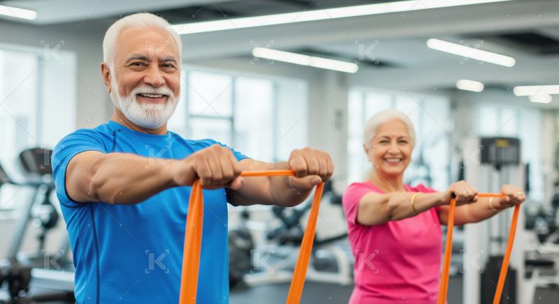 Happy Senior Couple Exercising with Resistance Bands in Gym