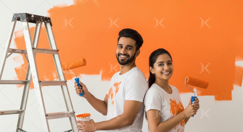 Happy Couple Painting Their New Home Together