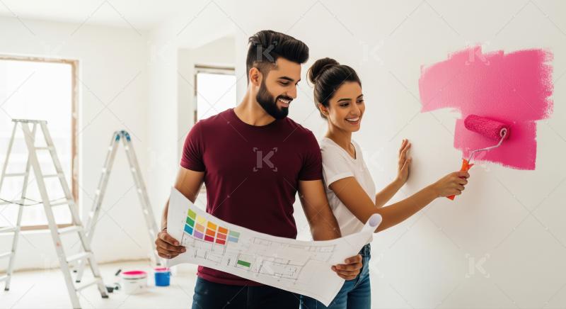 Happy young couple painting walls of their new home