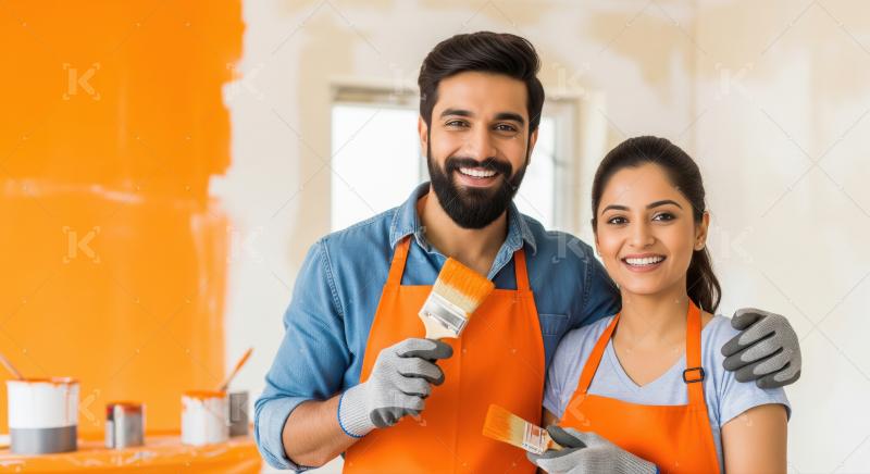 Happy Indian Couple Painting Their New Home Interior