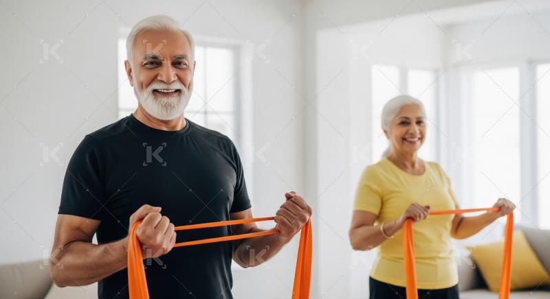 Happy senior couple exercising with resistance bands at home