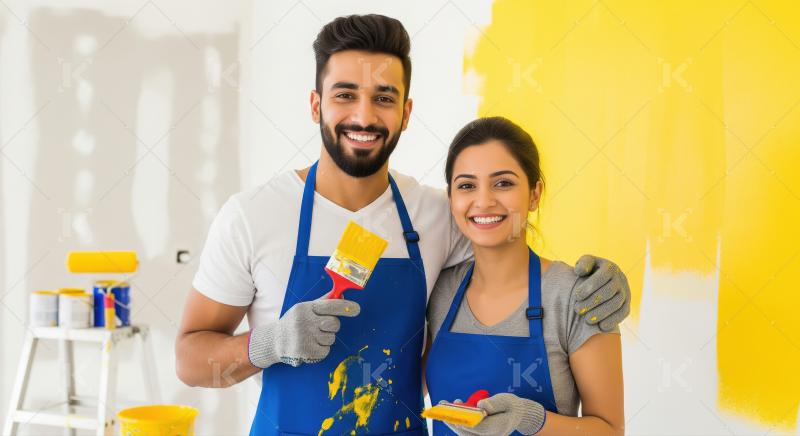 Happy Couple Painting Home Wall during Renovation Project