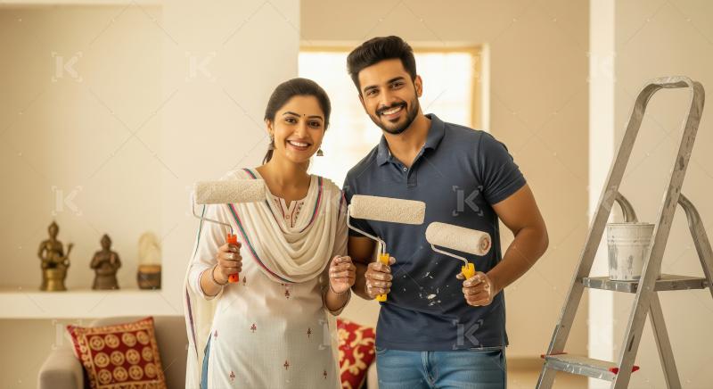 Happy Indian Couple Painting Their New Home Together