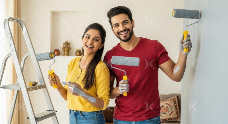 Happy Young Indian Couple Painting Walls for Home Renovation