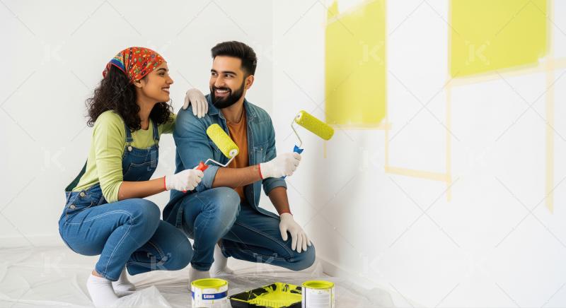 Happy Couple Painting Home Wall Together with Yellow Paint