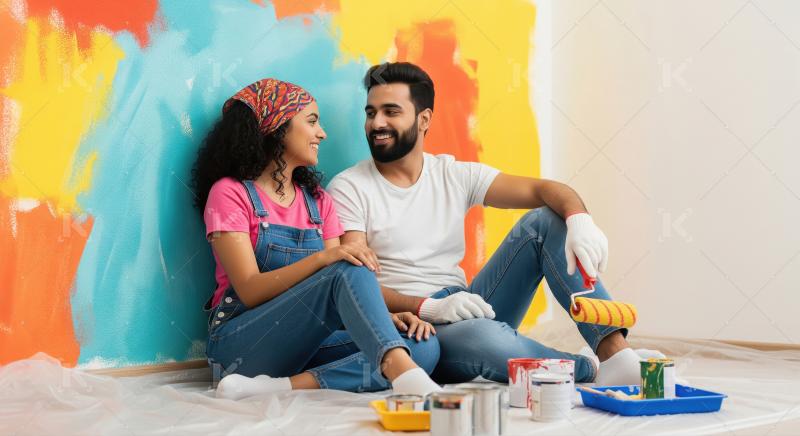 Young Indian Couple Enjoying Home Decor Renovation Painting