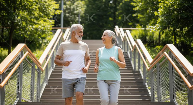 Happy Senior Couple Jogging Up Stairs Outdoors in Park
