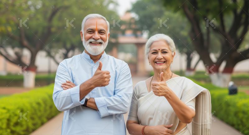 Happy senior Indian couple smiling and giving thumbs up.