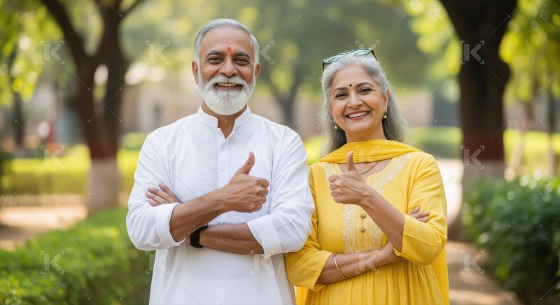 Happy Indian Senior Couple Giving Thumbs Up in Park