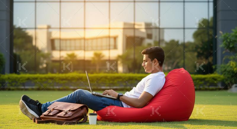 Young man focused on laptop, working outdoors on beanbag