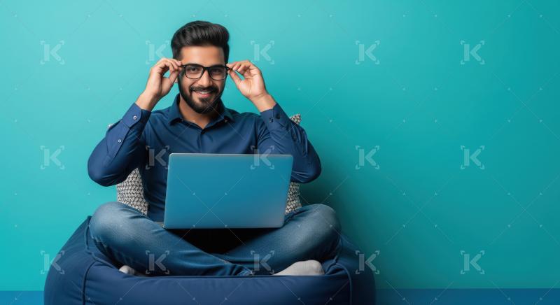 Happy Young Professional Man Using Laptop on Bean Bag
