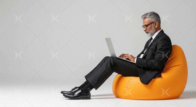 Senior businessman focused on laptop while relaxing on beanbag.