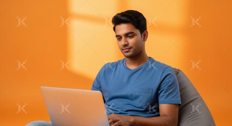 Focused Young Man Using Laptop on Orange Background