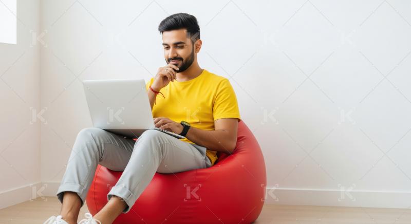 Young man focused on laptop while relaxing on red beanbag.
