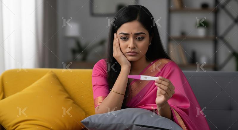 Unhappy Indian Woman Holds Positive Pregnancy Test Result