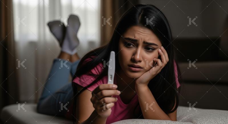 Worried young woman reacting to her positive pregnancy test resu