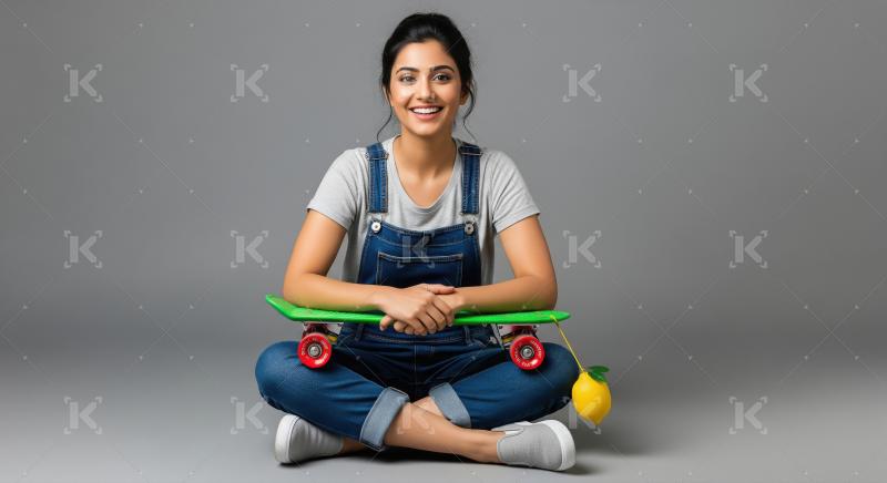 Happy Young Woman Sitting with Skateboard and Lemon