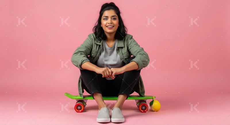 Joyful Indian Woman on Skateboard Against Vibrant Pink Backgroun