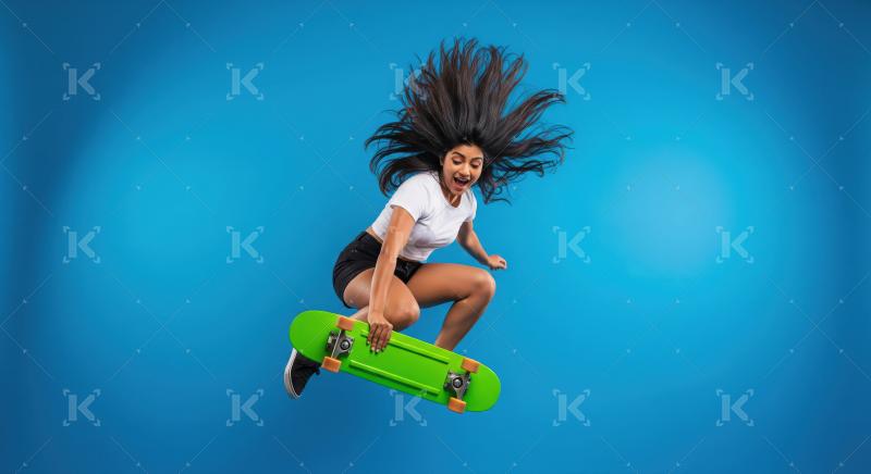 Dynamic young woman jumps high with skateboard