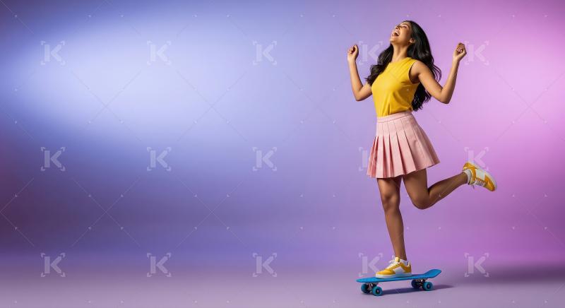 Joyful Young Woman Skateboarding on Vibrant Purple-Pink Backgrou