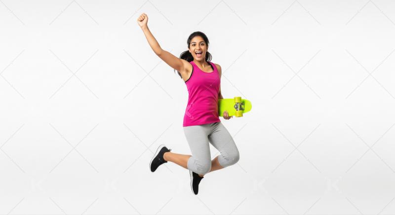 Excited Indian woman jumping with skateboard on white background