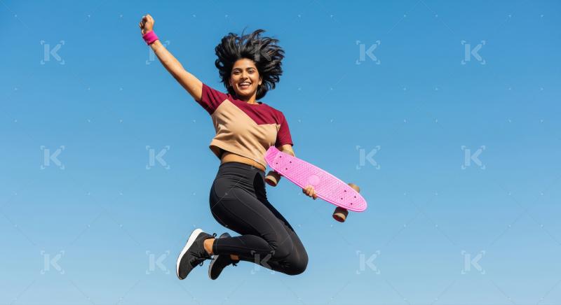 Joyful Young Woman Jumps with Pink Skateboard Against Blue Sky