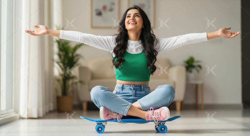 Joyful Young Woman Embracing Freedom on Skateboard at Home