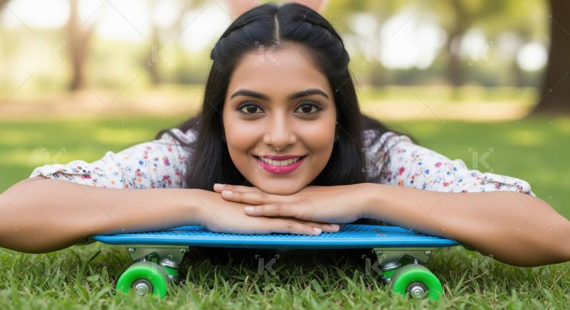Happy Young Indian Woman Relaxing on Skateboard in Park