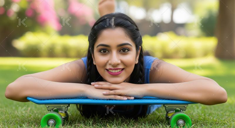 Happy Young Woman Posing with Skateboard on Green Grass