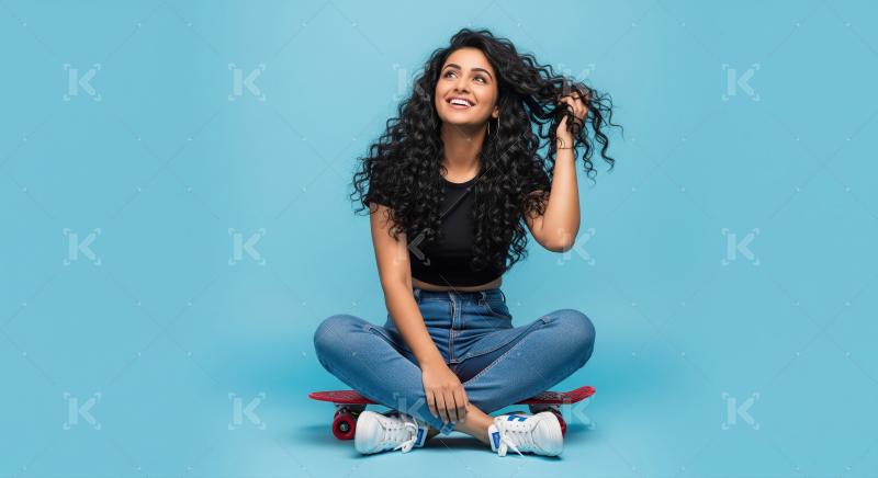 Happy Indian Woman with Curly Hair Sitting on Skateboard