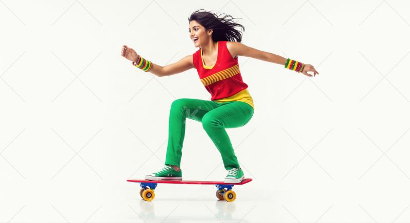 Happy Young Indian Woman Skateboarding with Joyful Energy