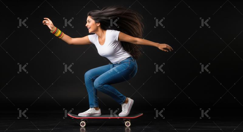 Energetic Indian Woman Skateboarding with Flowing Hair