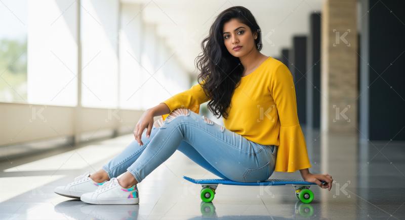 Trendy Indian woman posing on skateboard in bright modern corrid