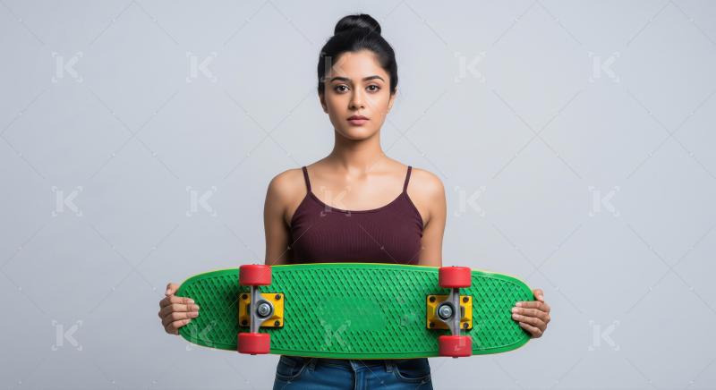Young Indian Woman Holding Green Skateboard Confidently