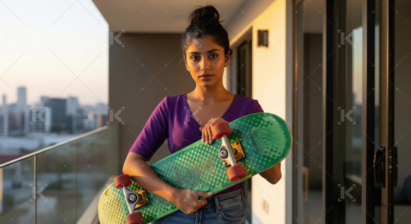 Confident Young Woman Holding Skateboard on City Balcony at Suns