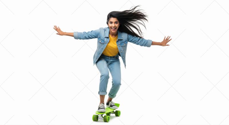 Joyful Indian Woman Skateboarding with Flowing Hair and Big Smil