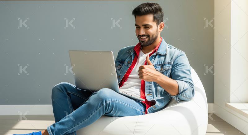 Happy Man Working on Laptop, Giving Thumbs Up