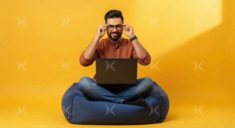 Smiling Man Adjusting Glasses While Using Laptop on Bean Bag