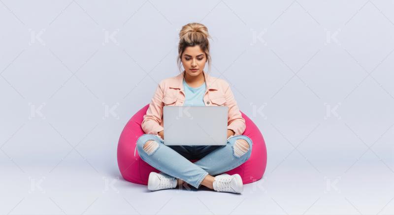 A young woman sits cross-legged on a gray bean bag with laptop