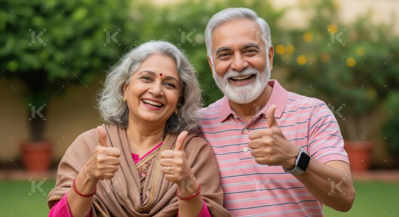 Happy indian senior couple showing thumbs up together