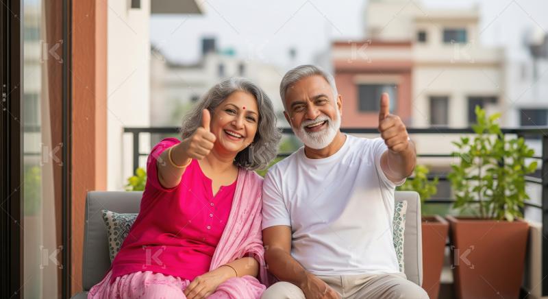 Happy indian senior couple showing thumbs up together