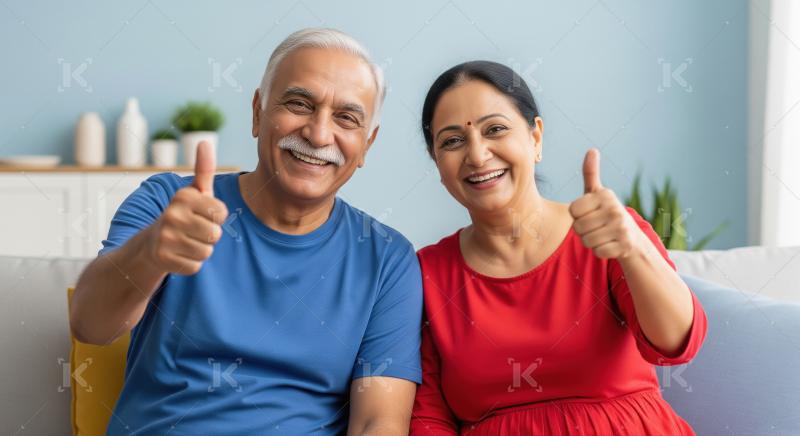 Happy indian senior couple showing thumbs up together
