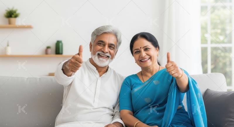 Happy indian senior couple showing thumbs up together