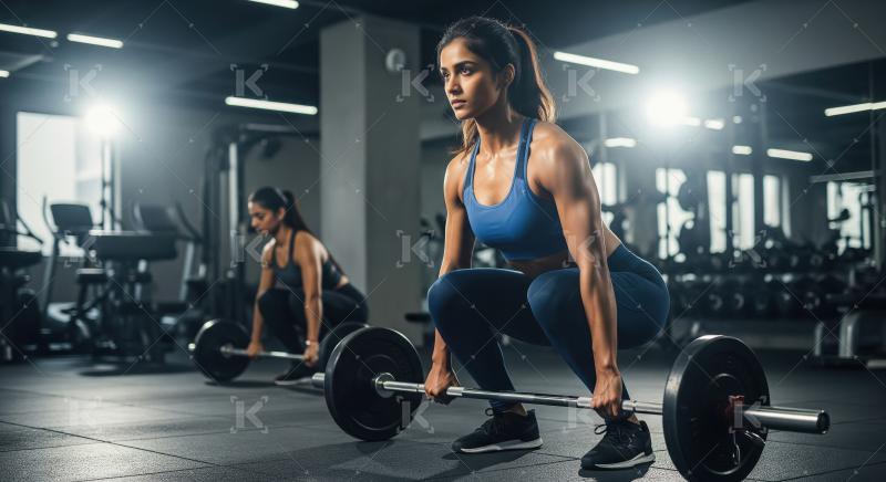 Young indian woman holding barbell in the gym