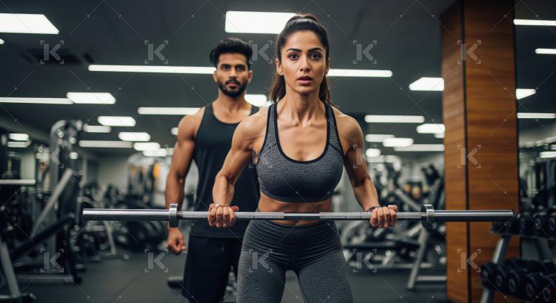 Young indian woman holding barbell in the gym