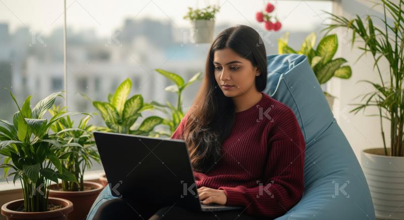 A woman in sweater sits on bean bag with a laptop, surrounded by