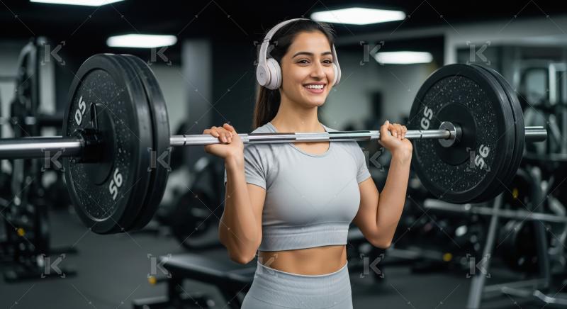 Young indian woman holding barbell in the gym